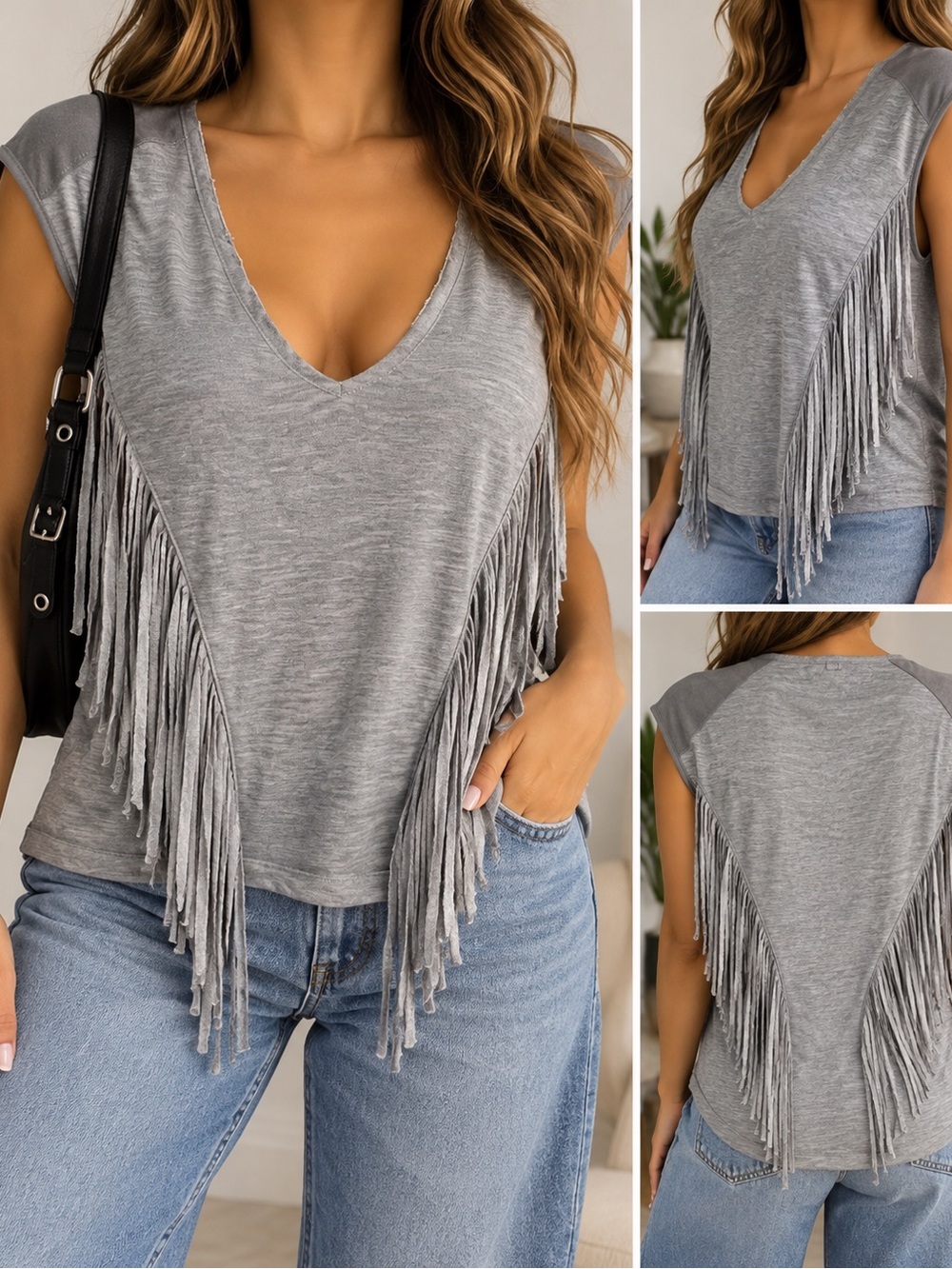 Liberty Garden Gray Fringe Deep V-Neck Boho Western Top Size M